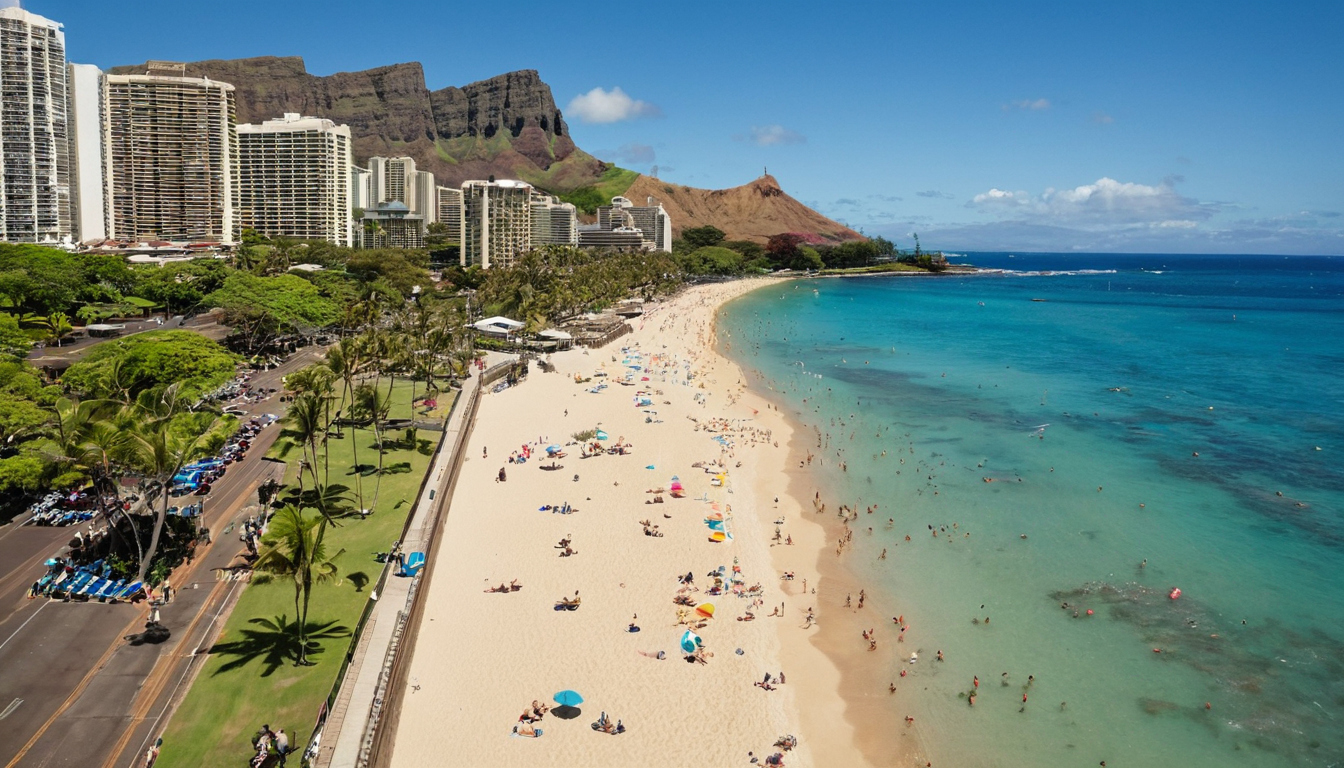 Queen's Beach and the Kapiolani Park end fit visitors who want more breathing room and a Diamond Head-side walk shown with island transport and resort-access cues